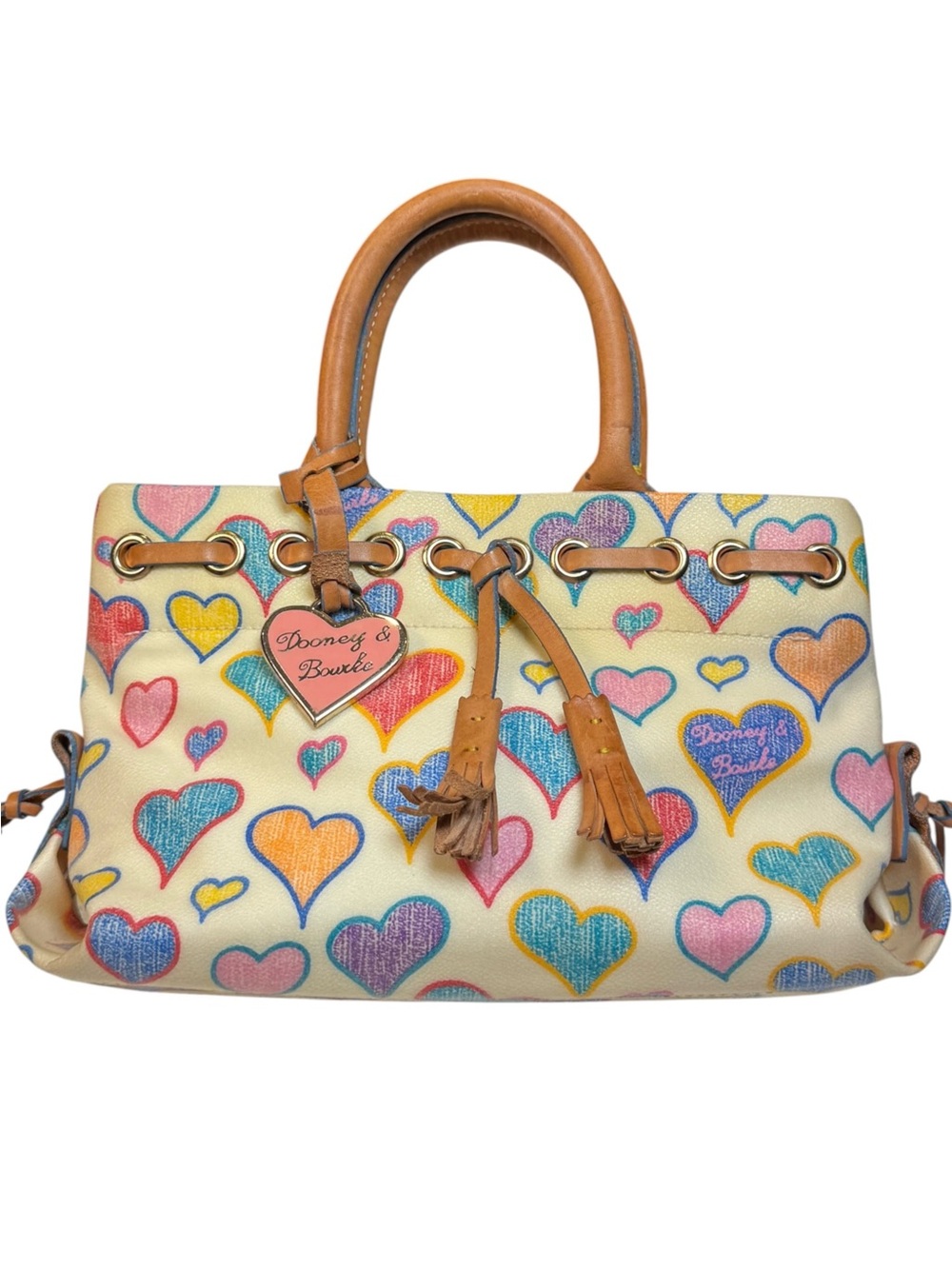 Vtg Y2K Dooney & Bourke Crayon Colors Hearts Leather Tassle Top Handle Mini Bag